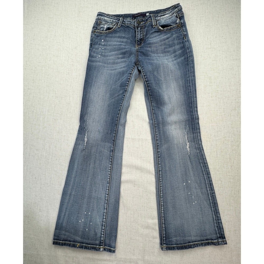Vigoss Bootcut Jeans Women 11 Blue Distressed Paint Splatter Y2K Boho Grunge